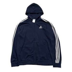 Adidas Mens Full Zip Hoodie Navy Blue White Stripes Logo Athletic Size Large